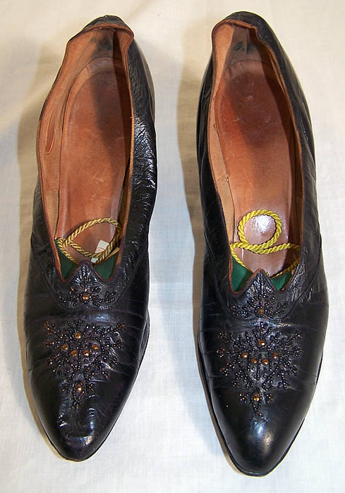Edwardian Black Leather Bronze Beaded Shoes   Front view.