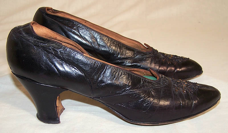 Edwardian Black Leather Bronze Beaded Shoes 