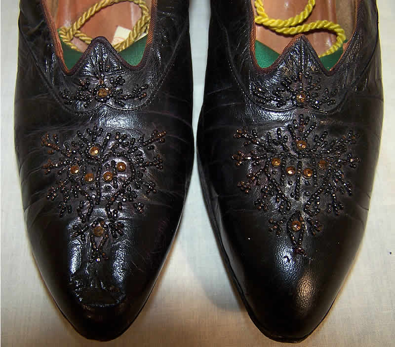 Edwardian Black Leather Bronze Beaded Shoes  Close up.