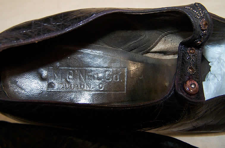 Edwardian Bronze Beaded Button Strap Shoes  Close up.