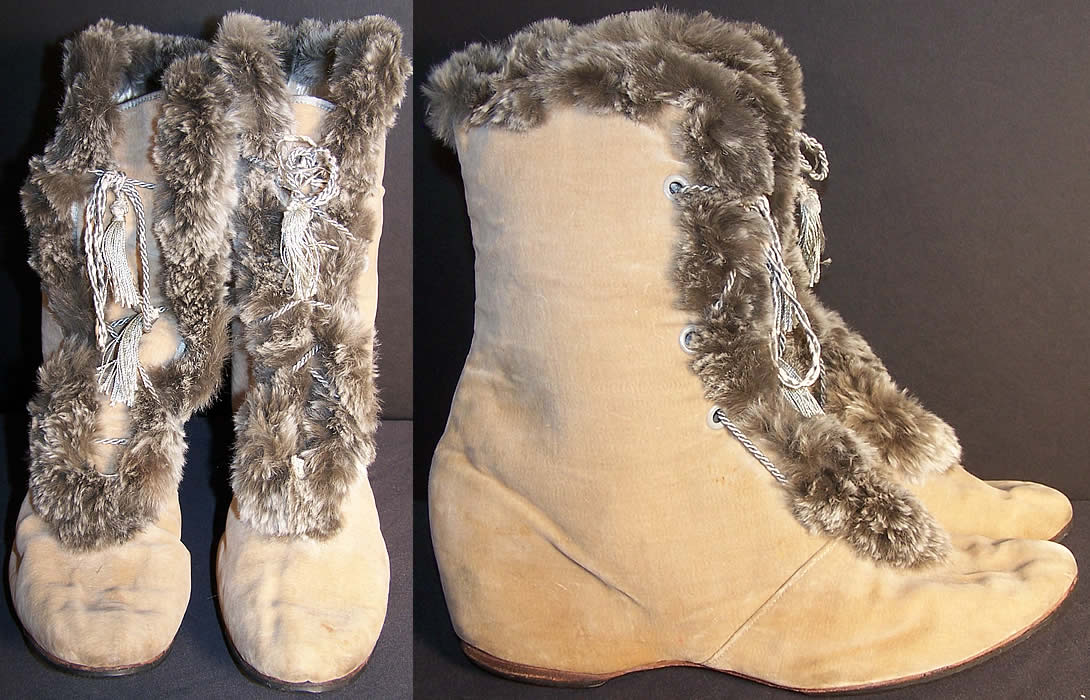 Edwardian Ecru Velvet Gray Fur Trim Winter Carriage Boots  Front view.