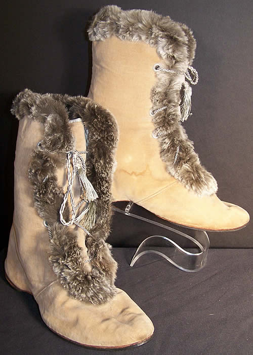Edwardian Ecru Velvet Gray Fur Trim Winter Carriage Boots.