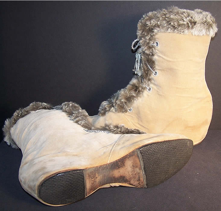 Edwardian Ecru Velvet Gray Fur Trim Winter Carriage Boots Close up.
