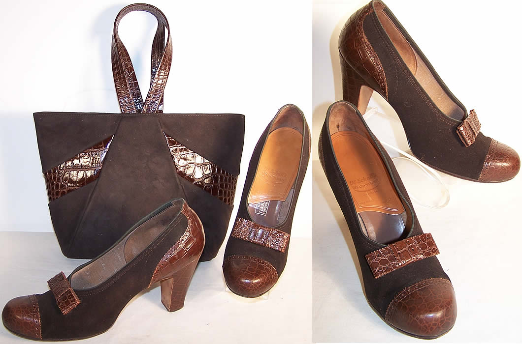 Vintage Brown Suede Alligator Shoes & Handbag Purse Set  Front view.