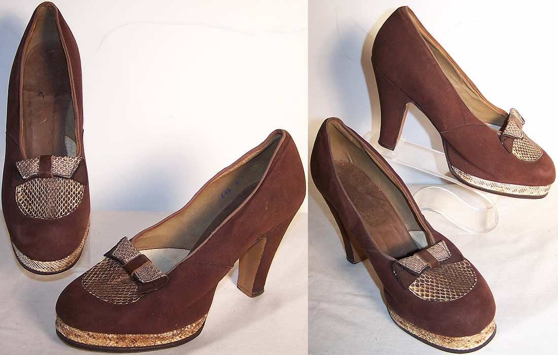  Brown Suede Snakeskin Platform Shoes Front view.