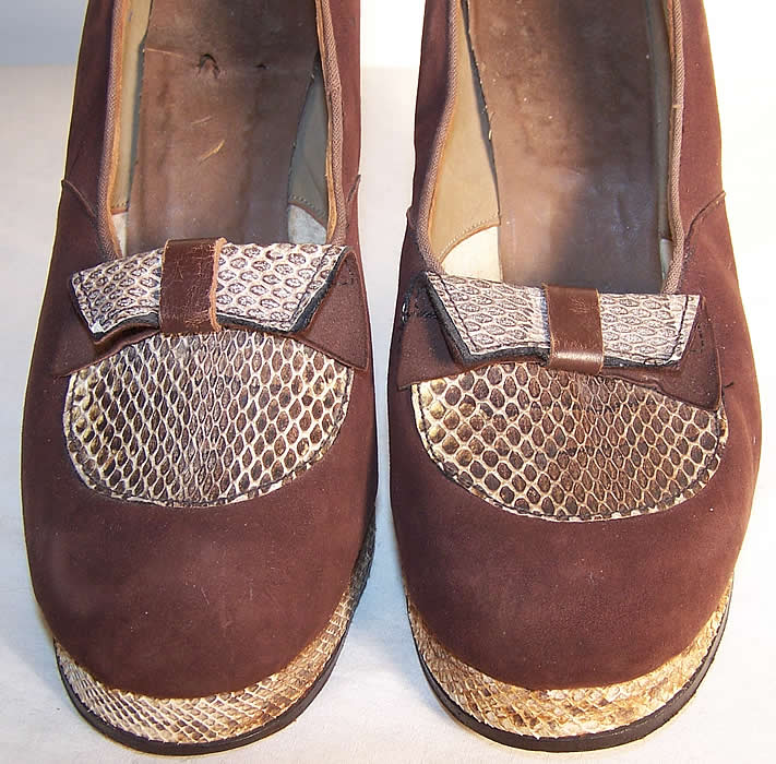 Brown Suede Snakeskin Platform Shoes.