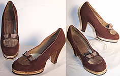 Vintage 1940s Brown Suede Snakeskin Platform Shoes