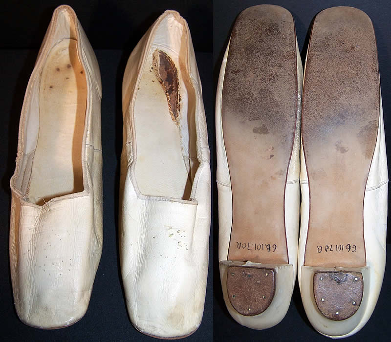 Victorian Wedding White Kid Straight Sole Shoes Close up.