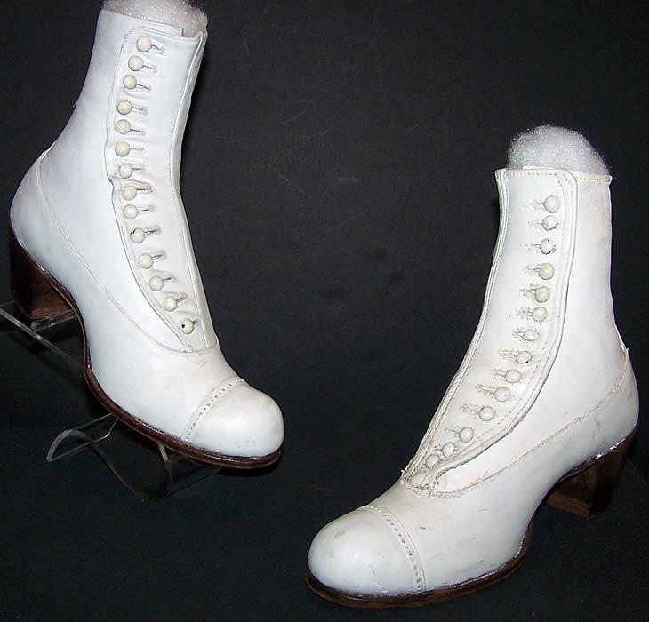 The Orchid Victorian White Leather High Top Button Boots  Front view.