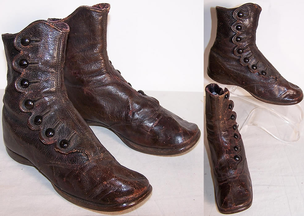 Victorian Brown Leather High Button Child Baby Boots  Front view.