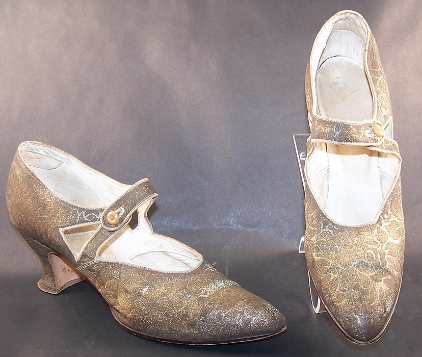 Art Deco Gold Lam&eacute; Brocade Mary Jane Button Strap Shoes