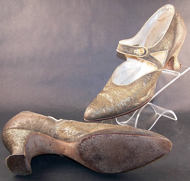 Art Deco Gold Lam&eacute; Brocade Mary Jane Button Strap Shoes Close up.