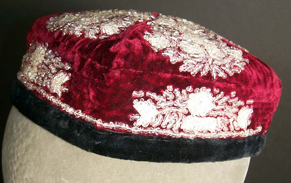 Russian Caucasus Uzbek Beaded Square Skullcap Doppa Hat  Front view.