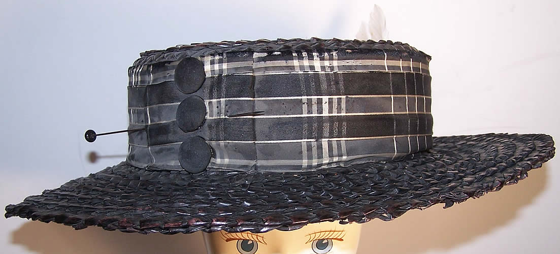 Edwardian Ladies Black Straw Sailor Boater Bicycling Hat  Front view.