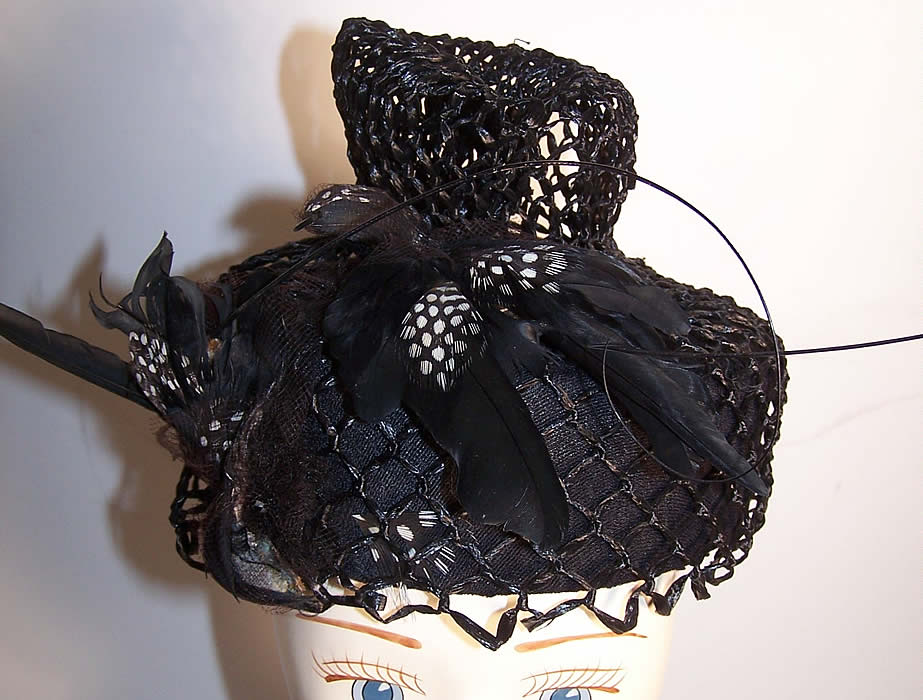 Mildred Black Straw Bird Feather Toque Hat Back View.