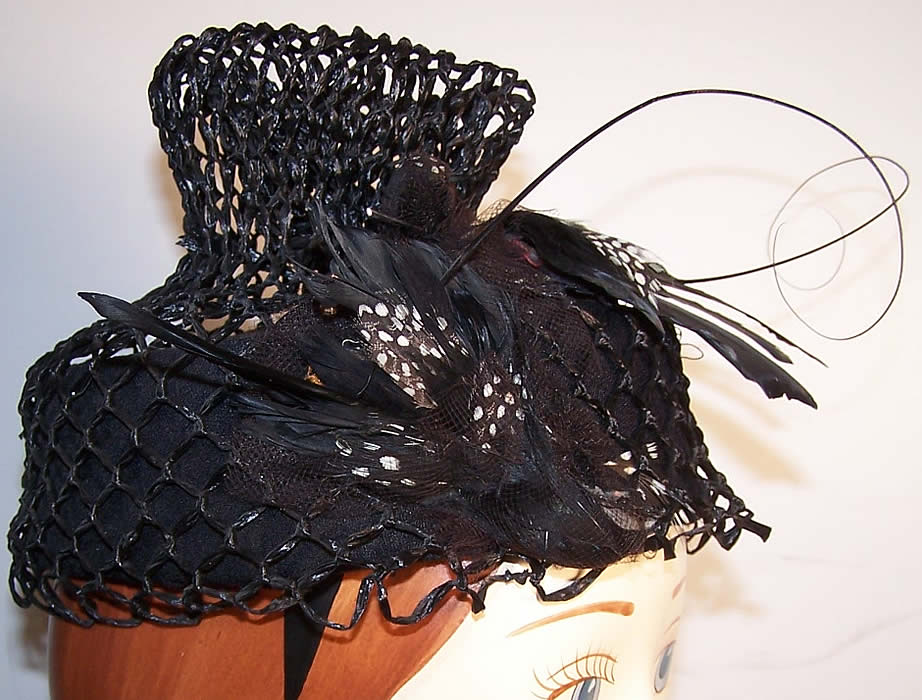 Mildred Black Straw Bird Feather Toque Hat side view.