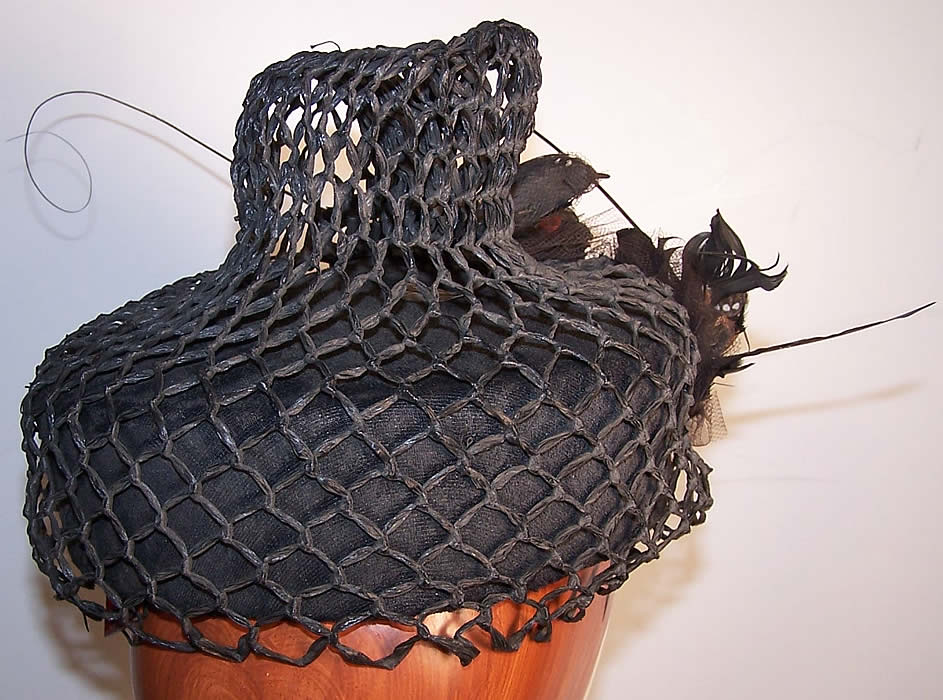 Mildred Black Straw Bird Feather Toque Hat Close up.