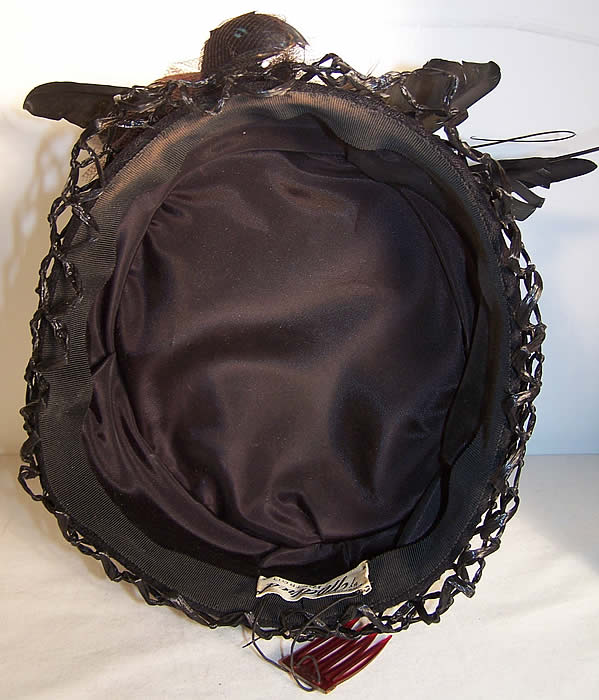 Mildred Black Straw Bird Feather Toque Hat Close up.