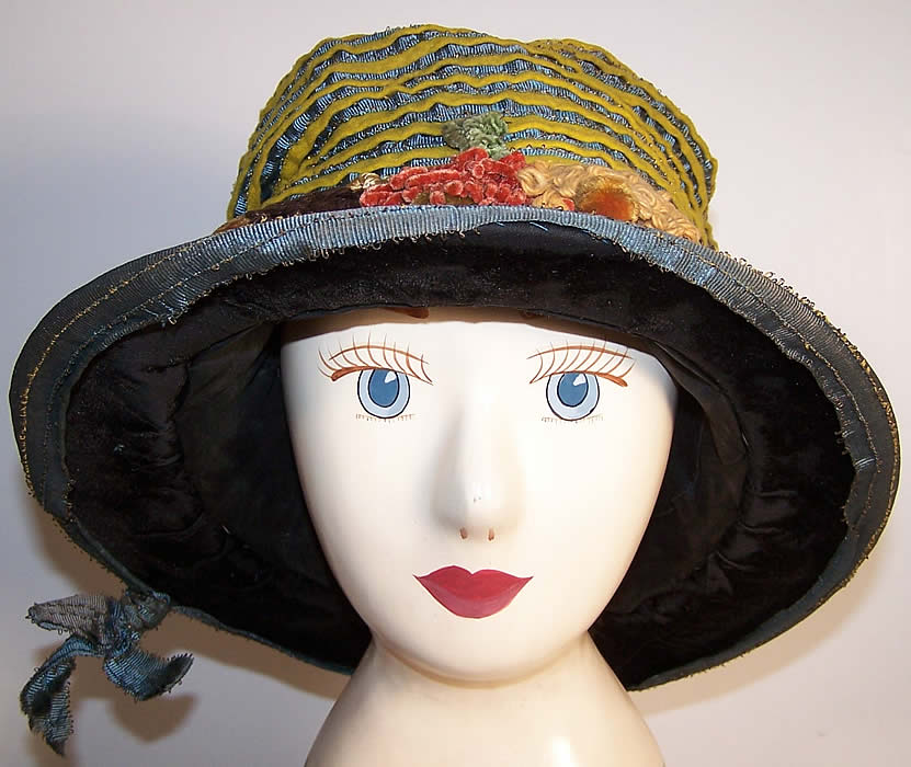 Art Nouveau Fiskhats Blue Yellow Ribbon Floral Hat  Front view.