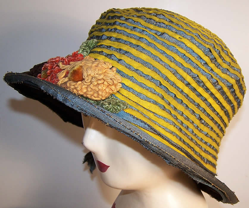 Art Nouveau Fiskhats Blue Yellow Ribbon Floral Hat Back View.