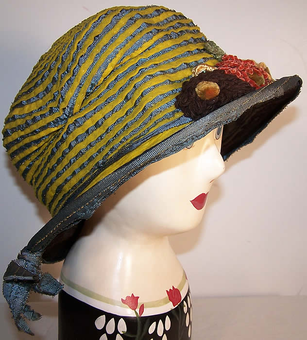 Art Nouveau Fiskhats Blue Yellow Ribbon Floral Hat side view.