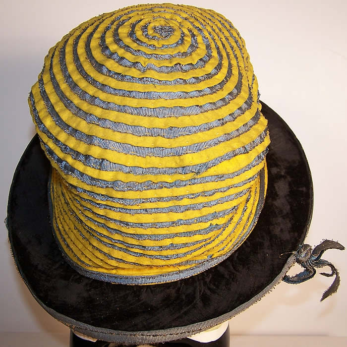 Art Nouveau Fiskhats Blue Yellow Ribbon Floral Hat Close up.