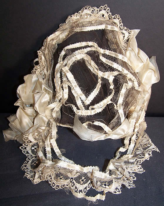 Victorian White Silk Ribbon Lace Net Snood Headdress side view.