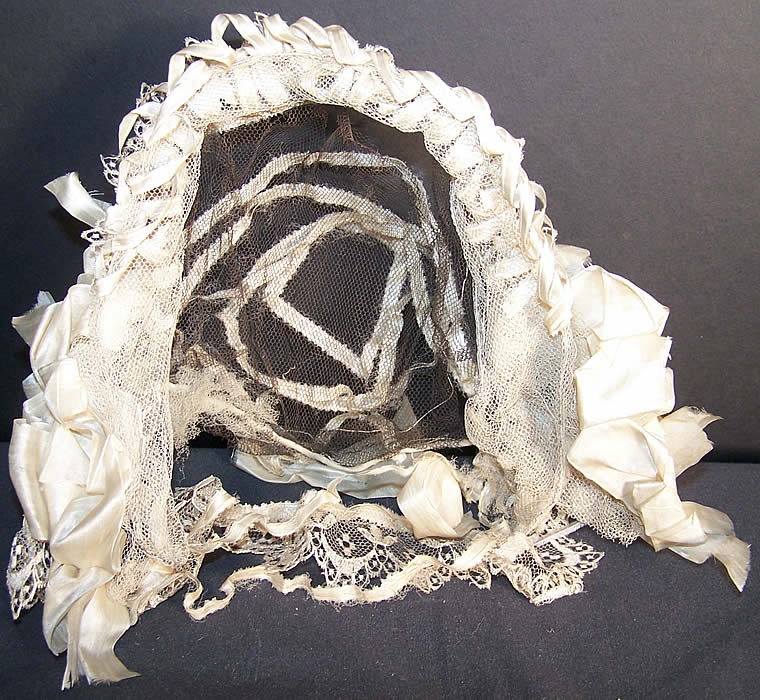 Victorian White Silk Ribbon Lace Net Snood Headdress Close up.