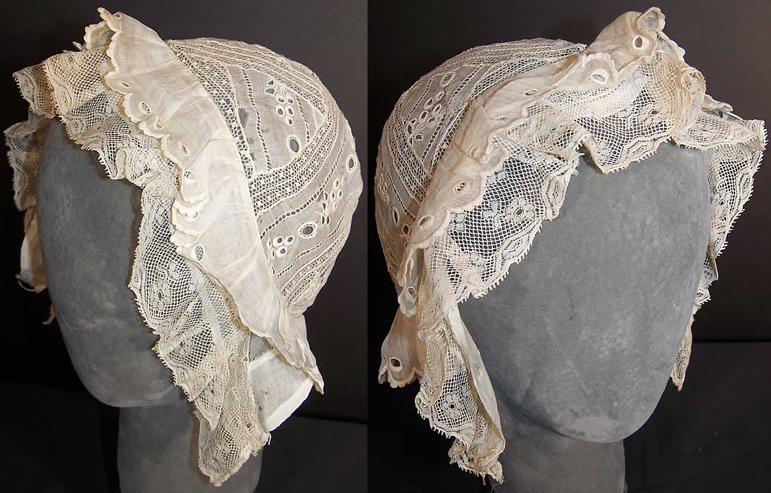 Antique Whitework Linen Lace Womens Indoor Cap  Front view.