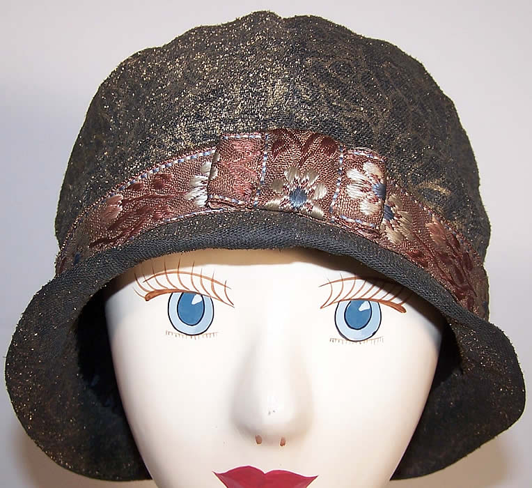 Art Deco Gold Brocade Lam&eacute; Fulton Millinery Flapper Cloche Hat  Front view.