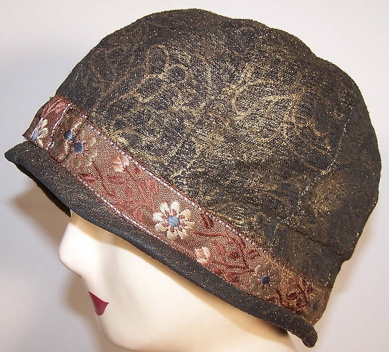 Art Deco Gold Brocade Lam&eacute; Fulton Millinery Flapper Cloche Hat 