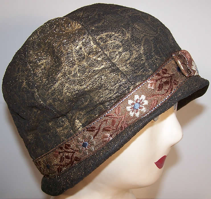 Art Deco Gold Brocade Lam&eacute; Fulton Millinery Flapper Cloche Hat 