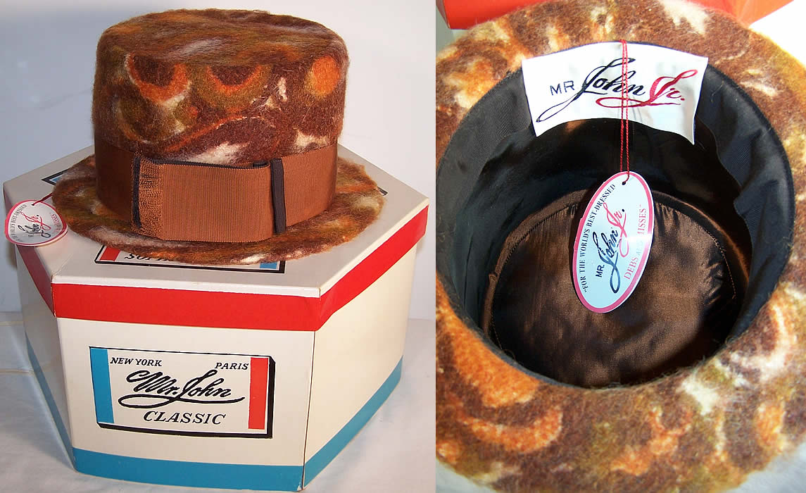Unworn Mr. John Brown Wool Mod Print Top Hat & Box  Front view.