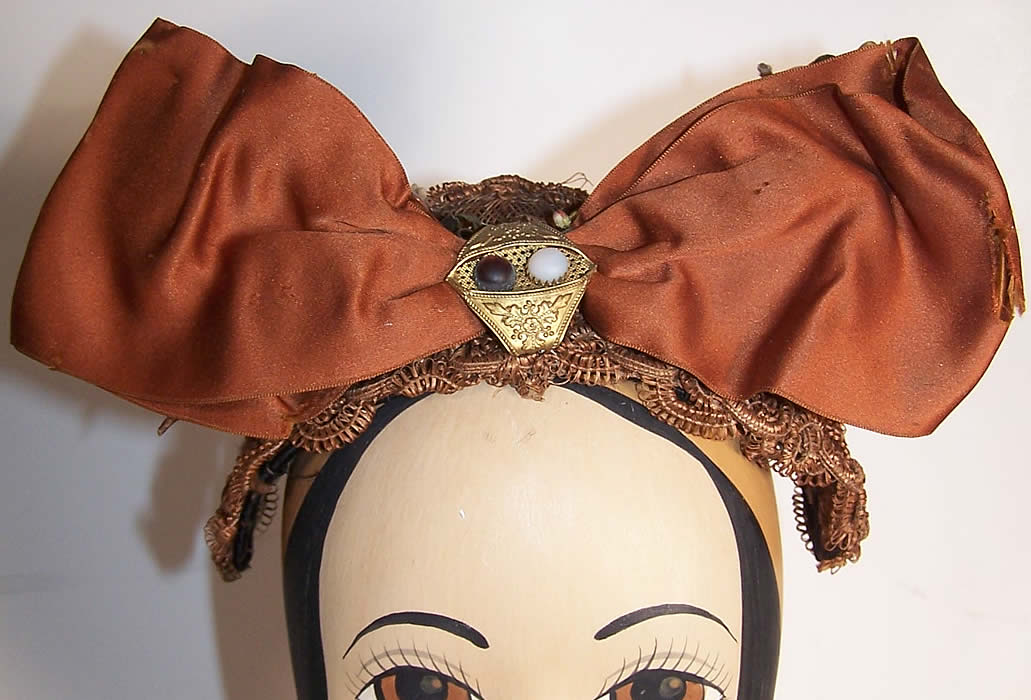 Victorian Brown Straw Silk Bow Bonnet Fancy Hat Headdress  Front view.