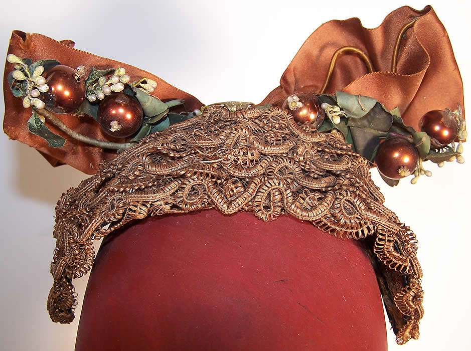  Victorian Brown Straw Silk Bow Bonnet Fancy Hat Headdress Close up.