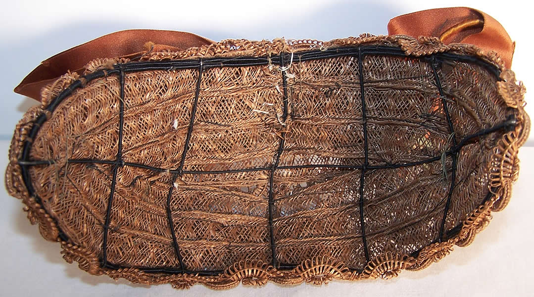 Victorian Brown Straw Silk Bow Bonnet Fancy Hat Headdress Close up.