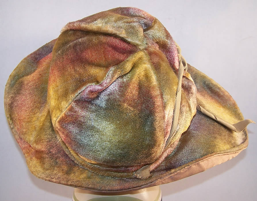 Art Nouveau Rainbow Plush Velvet Rosette Wide Brim Hat  Close up.