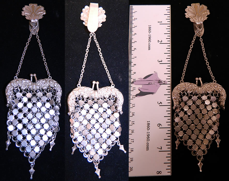 Victorian Antique Silver Repousse Chainmail Chatelaine Coin Purse & Belt Clip. 