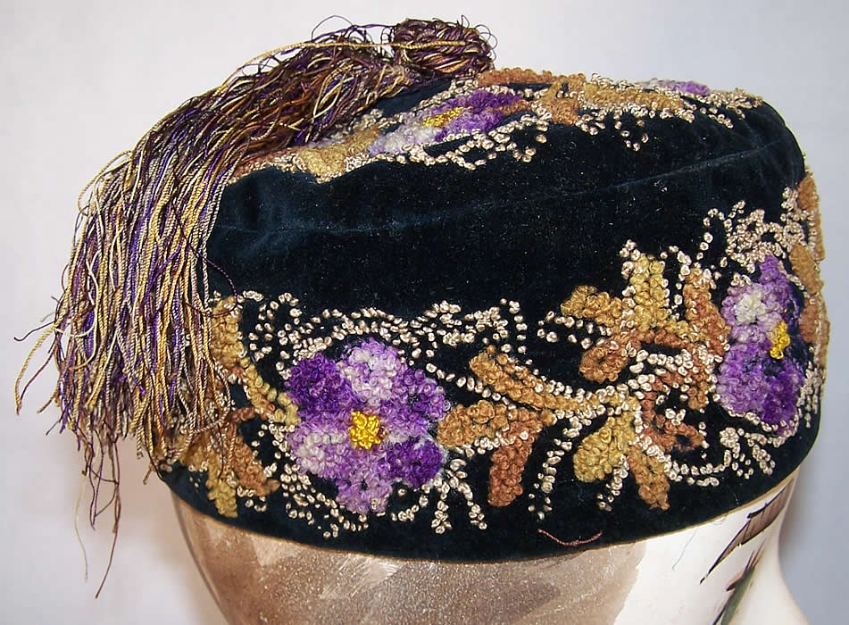 Victorian Violet French Knot Embroidered Smoking Cap Back View.