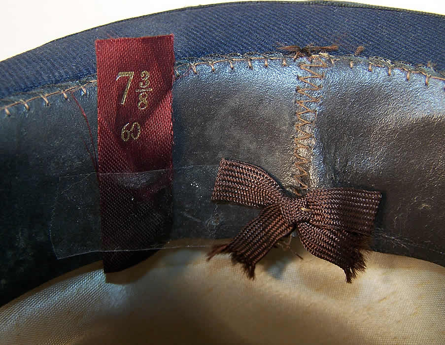 Victorian Ladies Navy Bell Crown English Riding Habit Hat Close up.