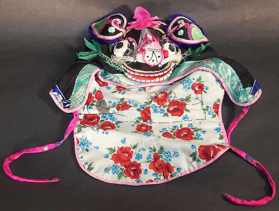Chinese Child Infant Silk Applique Tiger Wind Hat Close up.