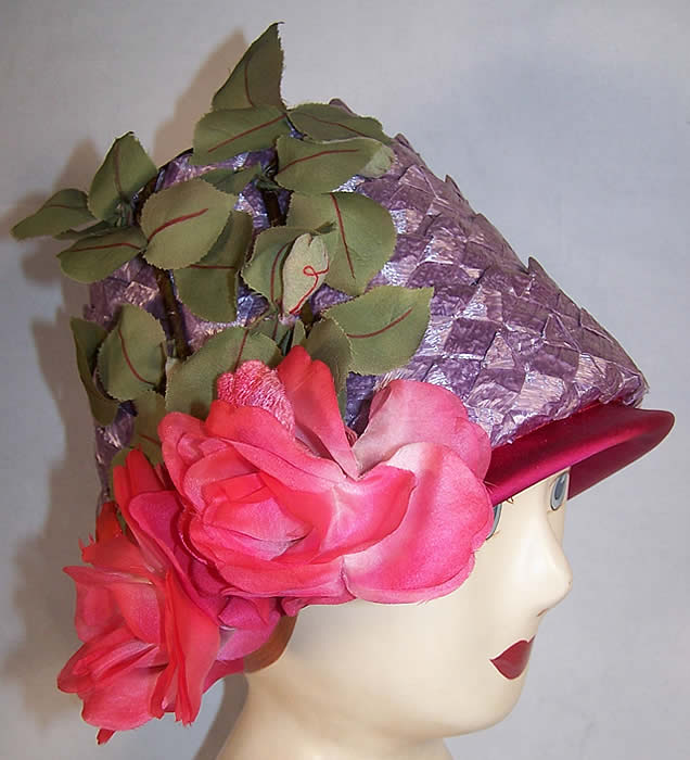 Vintage Michael Terre Purple Straw Flower Pot Cone Hat   Front view.