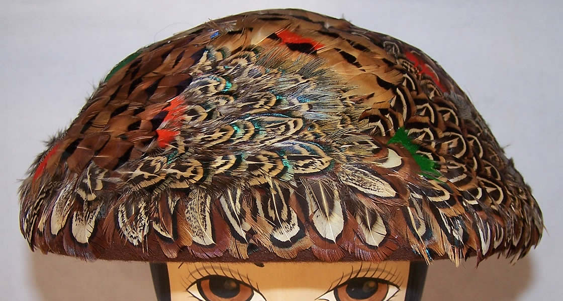  Vintage Ladies Pheasant Feather Mushroom Beret Hat  Front view.