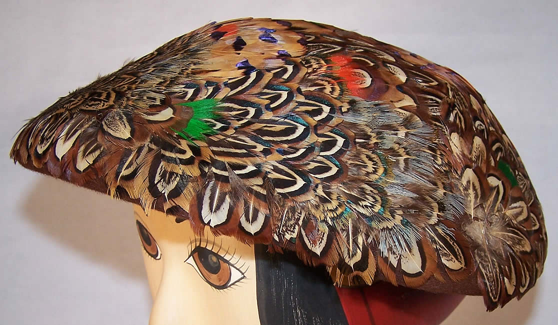 Vintage Ladies Pheasant Feather Mushroom Beret Hat Side View.