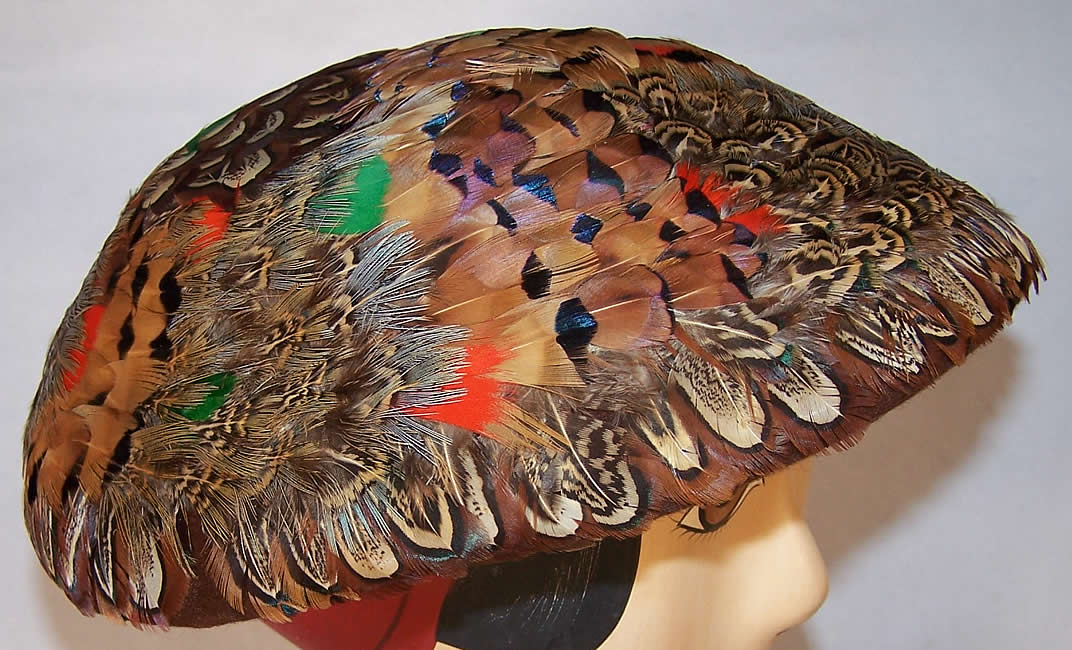 Vintage Ladies Pheasant Feather Mushroom Beret Hat  side view.