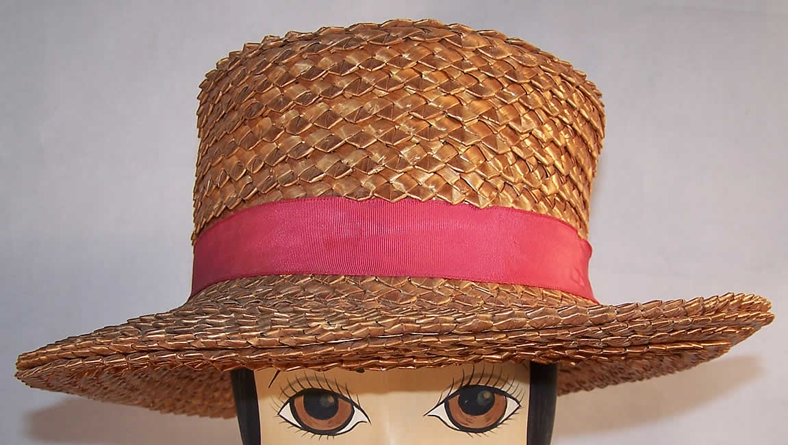 Vintage William J. Ladies Natural Straw Boater Shaker Hat   Front view.