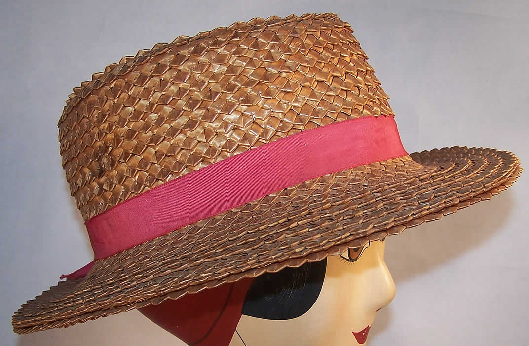 Vintage William J. Ladies Natural Straw Boater Shaker Hat Side View.