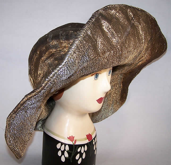 Art Deco Silver Metallic Lam&eacute; Wired Wide Brim Hat   Front view.