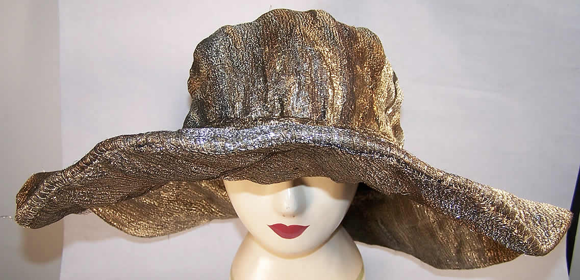 Art Deco Silver Metallic Lam&eacute; Wired Wide Brim Hat front View.