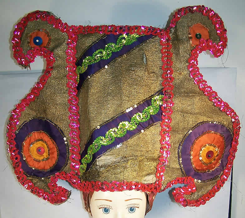 Art Deco Gold Lam&eacute; Sequin Showgirl Burlesque Headdress   Front view.